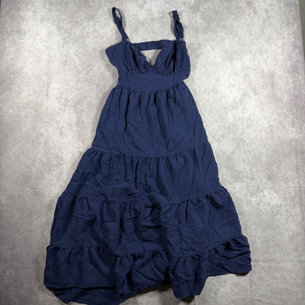 Xtraordinary Navy Blue Tiered Maxi Flowy Dress Open Back Sweetheart Neck M Boho